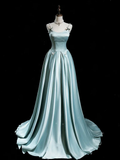 Light Blue Spaghetti Straps A-Line Satin Long Formal Party Dress HZ0319