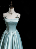 Light Blue Spaghetti Straps A-Line Satin Long Formal Party Dress HZ0319