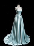 Light Blue Spaghetti Straps A-Line Satin Long Formal Party Dress HZ0319
