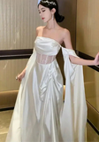 White Off Shoulder A-Line Lace Satin Long Prom Dress Wedding Dress HZ0319