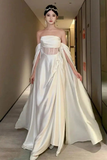 White Off Shoulder A-Line Lace Satin Long Prom Dress Wedding Dress HZ0319