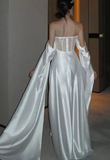 White Off Shoulder A-Line Lace Satin Long Prom Dress Wedding Dress HZ0319