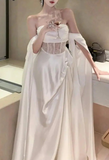 White Off Shoulder A-Line Lace Satin Long Prom Dress Wedding Dress HZ0319