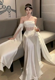 White Off Shoulder A-Line Lace Satin Long Prom Dress Wedding Dress HZ0319