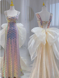 Shiny Pink Straps Sequins Mermaid Long Formal Party Dress HZ0319
