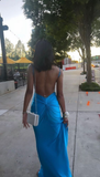 Blue Spaghetti Straps Backless Mermaid Long Prom Dress HZ0319