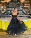 Black Straps A-Line Tulle Long Party Dress Princess Prom Gown HZ0319