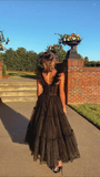 Black Straps A-Line Tulle Long Party Dress Princess Prom Gown HZ0319