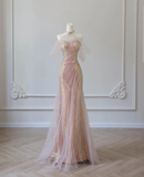Pink Halter Off Shoulder Tulle Sequins Mermaid Long Party Dress HZ0319