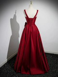 Red Satin Long Prom Dress with Flowers Elegant A-Line Enening Gown HZ0319