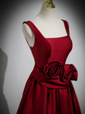 Red Satin Long Prom Dress with Flowers Elegant A-Line Enening Gown HZ0319