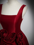 Red Satin Long Prom Dress with Flowers Elegant A-Line Enening Gown HZ0319