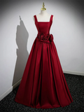 Red Satin Long Prom Dress with Flowers Elegant A-Line Enening Gown HZ0319