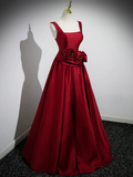 Red Satin Long Prom Dress with Flowers Elegant A-Line Enening Gown HZ0319
