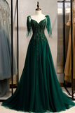 Green V-Neck Lace Long Prom Dress, A-Line Spaghetti Straps Evening Dress HZ0319