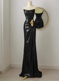 Black Scoop Neck Mermaid Long Prom Dress Sequins Evening Dress HZ0319