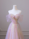 Lovely Pink Off Shoulder A-Line Sequins Long Formal Party Dress HZ0319
