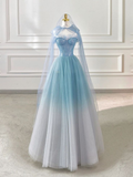 Light Blue Strapless A-Line Tulle Long Party Dress Birthday Outfits HZ0319