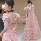 Pink A-Line Sequins Long Party Dress Velvet Birthday Dress HZ0319