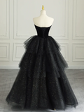 Black Sweetheart A-Line Tulle Tiered Long Formal Evening Ball Gown HZ0319
