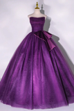 Purple Strapless A-Line Tulle Ball Gown Bowknot Formal Prom Dress HZ0319
