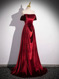Burgundy Velvet Elegant A-Line Off Shoulder Formal Party Dress HZ0319