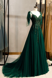 Green V-Neck Lace Long Prom Dress, A-Line Spaghetti Straps Evening Dress HZ0319