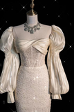Stunning Ivory Long Sleeves Beading Sheath Wedding Dress Birthday Gown HZ0319
