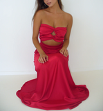 Pretty Red Strapless Sheath Satin Long Party Dress Birthday Outfits HZ0319