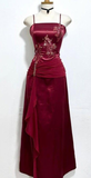 Wine Red Straps Sheath Satin Long Party Dress Vintage Evening Dress, HZ0319