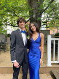 Royal Blue V Neck Mermaid Satin Long Prom Dress Party Gown HZ0319