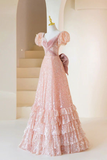 Pink A-Line Sequins Long Party Dress Velvet Birthday Dress HZ0319