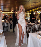 White One Shoulder Sheath Long Evening Party Dress with Split HZ0319