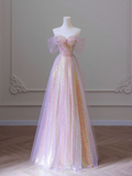 Lovely Pink Off Shoulder A-Line Sequins Long Formal Party Dress HZ0319