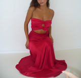 Pretty Red Strapless Sheath Satin Long Party Dress Birthday Outfits HZ0319