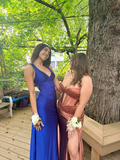 Royal Blue V Neck Mermaid Satin Long Prom Dress Party Gown HZ0319