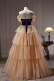 Elegant Off Shoulder Layered Tulle Ball Gown Long Prom Dress HZ0319