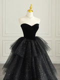 Black Sweetheart A-Line Tulle Tiered Long Formal Evening Ball Gown HZ0319