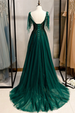 Green V-Neck Lace Long Prom Dress, A-Line Spaghetti Straps Evening Dress HZ0319