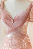 Pink A-Line Sequins Long Party Dress Velvet Birthday Dress HZ0319