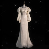 Stunning Ivory Long Sleeves Beading Sheath Wedding Dress Birthday Gown HZ0319