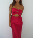 Pretty Red Strapless Sheath Satin Long Party Dress Birthday Outfits HZ0319