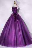 Purple Strapless A-Line Tulle Ball Gown Bowknot Formal Prom Dress HZ0319