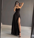 Burgundy A-Line Slit Prom Dress Satin Formal Party Dress, HZ0319