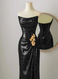 Black Scoop Neck Mermaid Long Prom Dress Sequins Evening Dress HZ0319