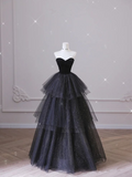 Black Sweetheart A-Line Tulle Tiered Long Formal Evening Ball Gown HZ0319