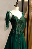 Green V-Neck Lace Long Prom Dress, A-Line Spaghetti Straps Evening Dress HZ0319