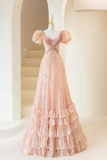 Pink A-Line Sequins Long Party Dress Velvet Birthday Dress HZ0319