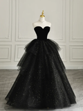Black Sweetheart A-Line Tulle Tiered Long Formal Evening Ball Gown HZ0319