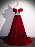Red Velvet Sequins Long Prom Dress Elegant Off the Shoulder A-Line Formal Dress HZ0319